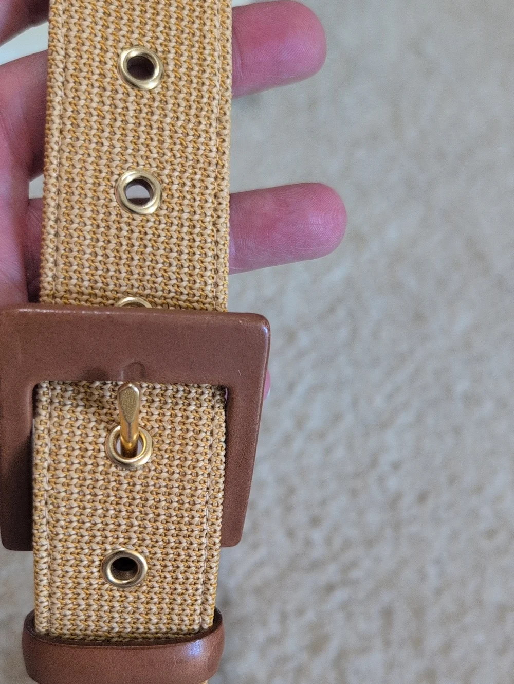 NWOT Talbots Womens Leather Underside Tan Canvas Belt with Brown Accents